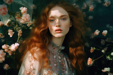portrait of a woman/model/book character surrounded by flowers in warm daylight with a thoughtful expression in a fashion/beauty editorial magazine style film photography look - generative ai art
