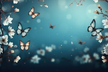 Fototapeta na wymiar A Group Of Butterflies Flying Over A Blue Background. Butterflies, Blue Background, Natural Beauty, Winged Insects, Migration, Flight, Greeting Card. Generative AI