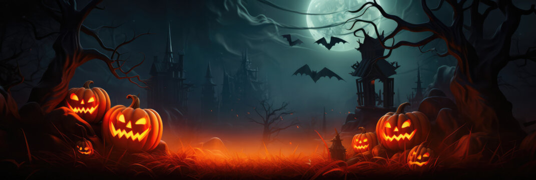 A Halloween Scene With Pumpkins And Bats. Pumpkins, Bats, Halloween Decor, Jackolanterns, Spooky Treats, Costume Ideas. Generative AI