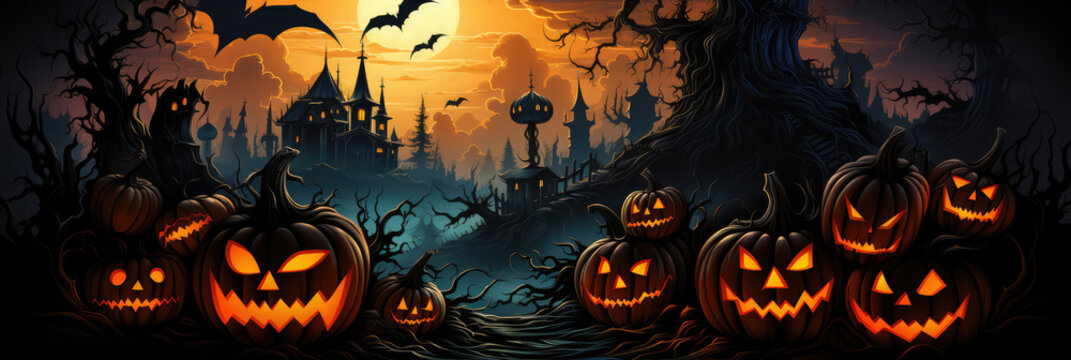 A Halloween Scene With Pumpkins And Bats. Pumpkins, Bats, Halloween, Decor, Costumes, Fun. Generative AI