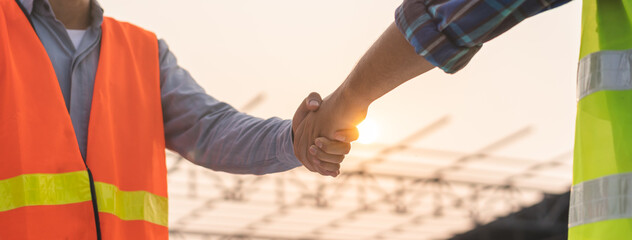 Engineer team building, teamwork contractor asian young man partnership, builder agreement...