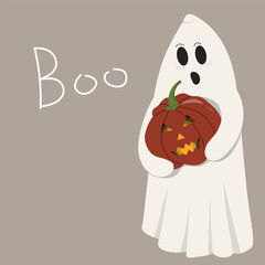 Childish spooky boo character. Cute cartoon ghost with pumpkin. Magic scary spirit. Halloween vector illustration. 