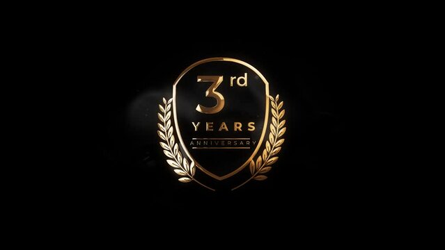 Third-year anniversary text and logo animation with gold effect and transparent background