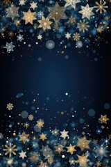 Fototapeta na wymiar Dark Blue, Stylish New Year Template With Snowflake Star Confetti , Frame, Empty Space In The Centre. Generative AI