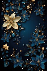 A Blue Background With Gold Flowers And Leaves. Blue Background, Gold Flowers, Gold Leaves, Color Combinations, Wall Decor, Room Design, Greeting Сard. Generative AI