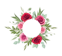 Valentines day postcard wreath with cream pink and red roses flowers bouquet