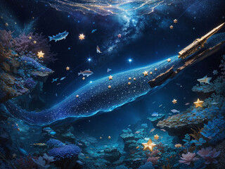 the magical stars in the sea with blue magical fish-generated Ai