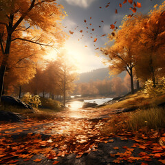 fall, Tree, Leafs, lake, rocks, scenery fall, fall setting, morning , end of day, sunset, sunrise 