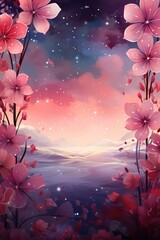 A Painting Of A Sunset With Pink Flowers. Sunset Painting, Pink Flowers, Color Palette, Lighting Effect, Brush Strokes, Composition. Generative AI