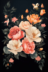 A Bouquet Of Flowers On A Black Background. Flowers, Bouquets, Color, Black Background, Giftgiving, Aesthetics, Greeting Сard. Generative AI