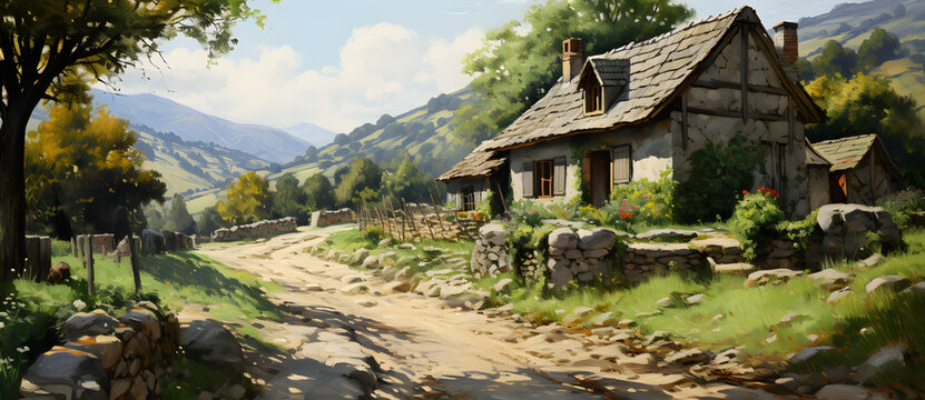 this is a painting of a rural village and farm house Generated by AI