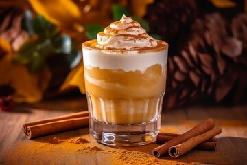 Pumpkin spice latte in a glass, generative ai