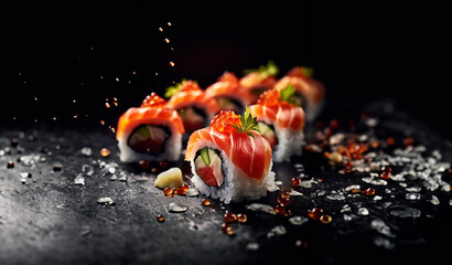 Fototapeta na wymiar Sushi. Sushi Close-Up shot. Sushi with salmon. 
