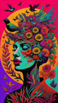 abstract colorful woman with flowers and birds background IA