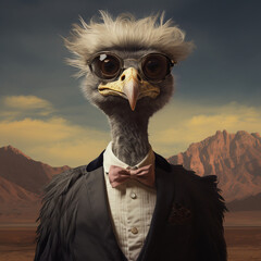 Fashion ostrich in a suit and bow tie with sunglasses generative ai