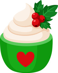 Cartoon Christmas hot chocolate with whipped cream and holly berries. Christmas drink, cocoa or coffee in green cup with heart.