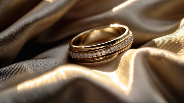 close up photograph of a couple's wedding rings placed on a fabric