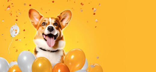 Fototapeta na wymiar Cheerful corgi dog with balloons on a festive yellow background. Banner, postcard, copy space. AI generation 