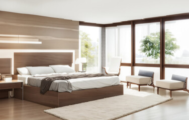 Fototapeta na wymiar Interior of modern bedroom with wooden walls wooden floor wooden wardrobe and comfortable bed