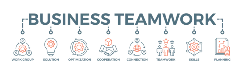 Fototapeten Business teamwork banner web icon vector illustration concept with icon of work group, solution, optimization, cooperation, connection, teamwork, skills, planning © Dawiyyah