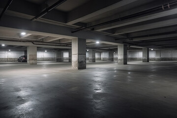 Empty underground garage in an apartments building or supermarket. Underground garage or modern parking lot with lots of places for vehicles, created with Generative AI