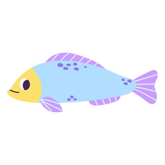 Isolated cartoon blue marine fish with purple spots in hand drawn flat style on white background.