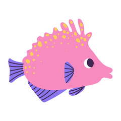 Isolated cartoon pink purple marine fish with yellow spots in hand drawn flat style on white background.