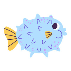 Isolated cartoon inflated blue marine puffer fish with spots in hand drawn flat style on white background.