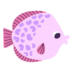 Isolated cartoon purple pink marine fish with purple blobs in hand drawn flat style on white background.