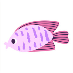Isolated cartoon purple pink marine fish with blobs in hand drawn flat style on white background.