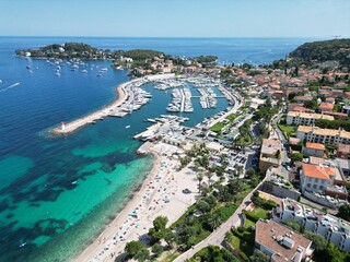 Naklejka premium Beaulieu sur mer France high angle drone,aerial marina waterfront and town.