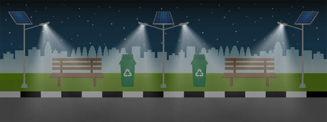 Solar Power Energy Lamp Post in a Park. Green City. Alternative Clean and Green Energy. Eco-Friendly Concept. Vector Illustration. 