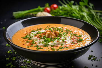 Lobster Bisque, a rich and creamy soup made with lobster stock, chunks of tender lobster meat, and seasoned with chives and spices, garnished with a dollop of crème fraîche
