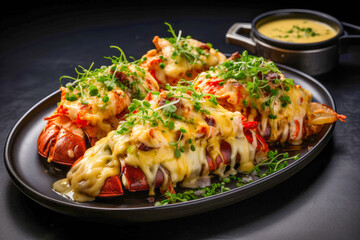 Lobster Thermidor, a lobster cut lengthwise cooked in a creamy sauce topped with cheese broiled until golden brown and served with truffle butter