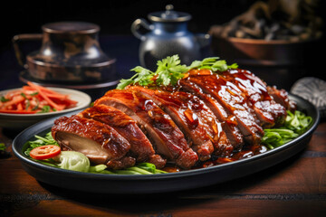 Peking Duck, a roasted duck with crispy skin and succulent meat, served with scallions and hoisin sauce