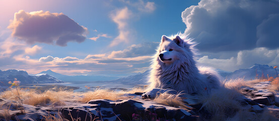an animated white wolf with long furry fur on a mountain Generated by AI