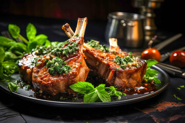 Rack of lamb, tender and succulent lamb chops seasoned with herbs and spices and served with a side...