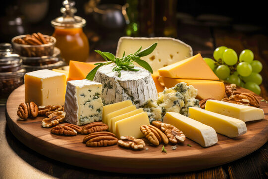 Cheese board, selection of cheeses on a beautifully decorated wooden board ready for serving in a fine restaurant