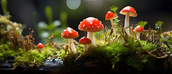 mushrooms growing on moss growing in a forest Generated by AI - Powered by Adobe