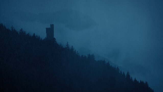 Rain Storm On Castle In The Misty Mountains
