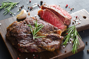 Cooked Beef Steak, Beef Organic Meat, Dark Black Background