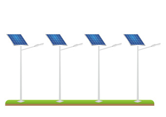 Solar Power Energy Lamp Post. Solar Panel Street Lamp Post. Lamp Post with Solar Panel. Vector Illustration Isolated on White Background. 