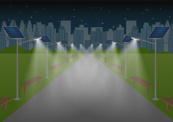 Solar Power Energy Lamp Post in a Park at Night. Green City. Alternative Clean and Green Energy. Eco-Friendly Concept. Vector Illustration. 