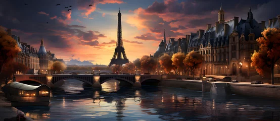 Muurstickers a painting of the eiffel tower in paris with a beautiful sunset Generated by AI © shirly