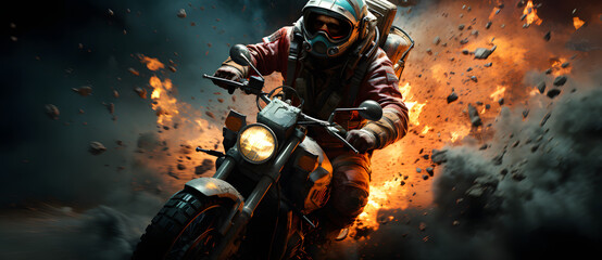a person on a motorcycle rides past fire Generated by AI