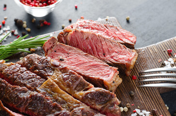 Cooked Beef Steak, Beef Organic Meat, Dark Black Background