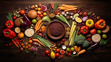 Wooden table full of vegetables and spices