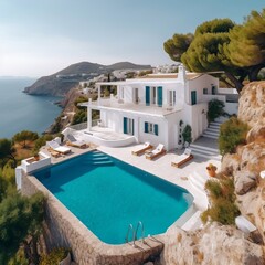 Fototapeta premium Traditional Mediterranean white house with pool and stunning sea view generative ai