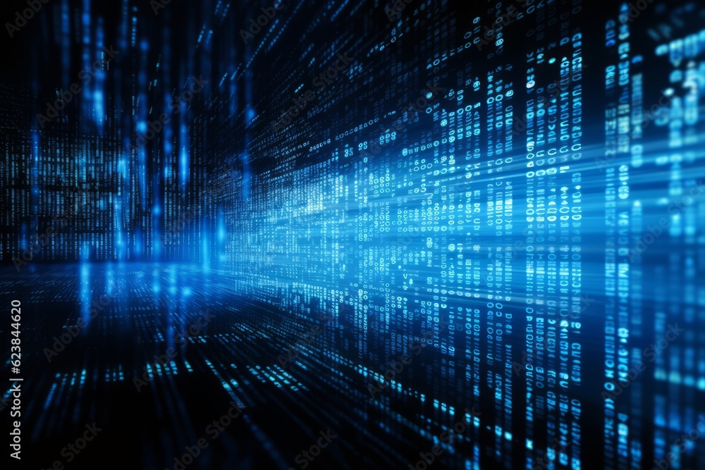 Poster Blue digital binary data on computer screen background
