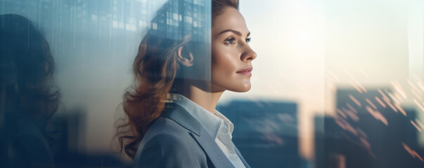 Confident businesswoman portrait. Double exposure effect